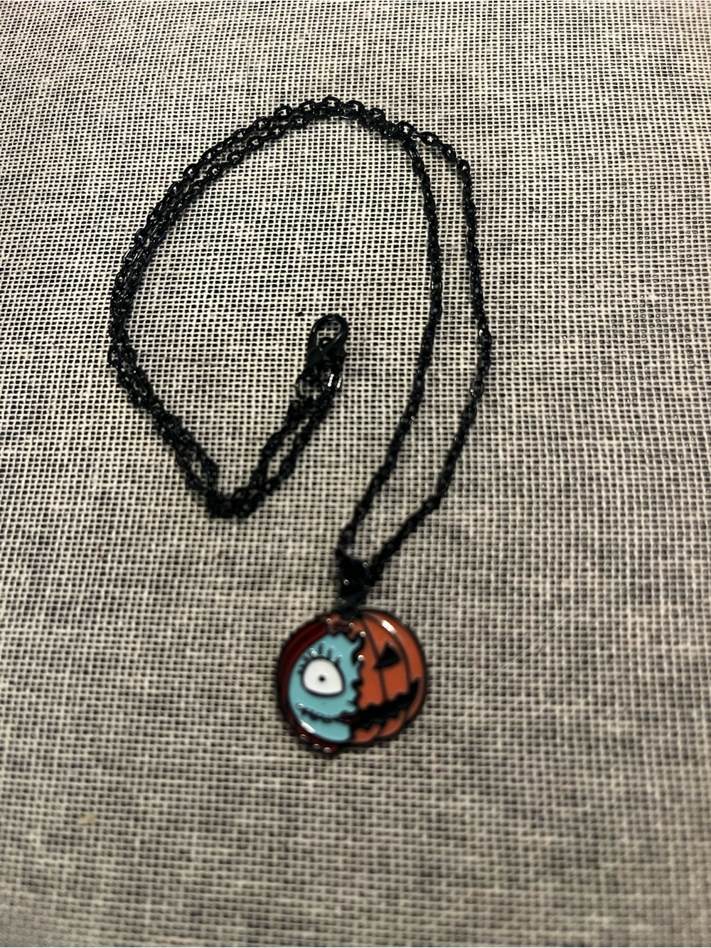 Nightmare Before Christmas Black Chain Necklace w/ Pumpkin & Sally Pendant